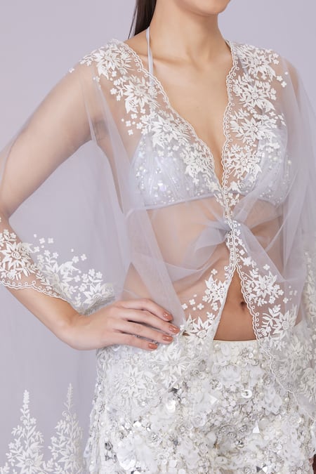 Dilnaz_Grey Net Embroidery Floral Lace V Neck Kaftan _Online_at_Aza_Fashions