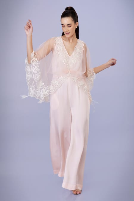 DILNAZ Peach Net And Blended Satin Embroidery Floral Lace V Neck Kaftan With Jumpsuit 