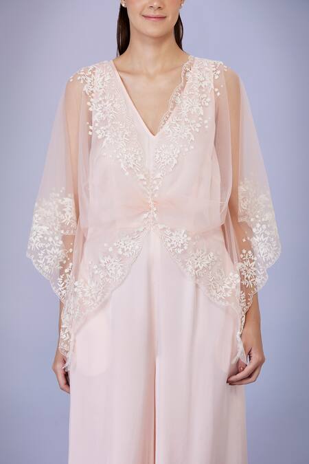 Dilnaz_Peach Net And Blended Satin Embroidery Floral Lace V Neck Kaftan With Jumpsuit_Online_at_Aza_Fashions
