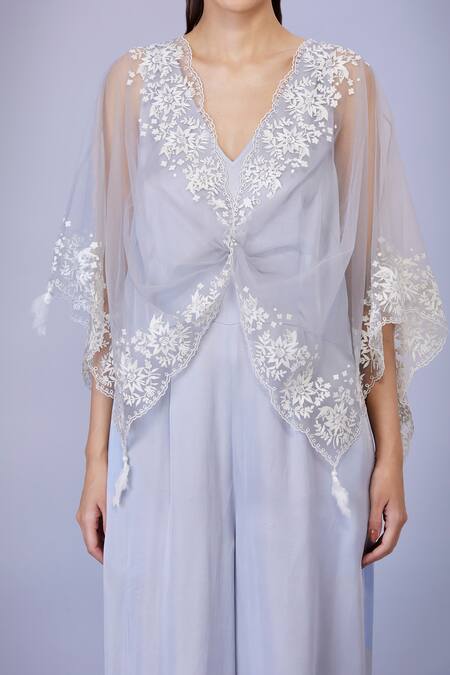 Dilnaz Grey Net And Blended Satin Embroidery Floral Lace V Flower Kaftan With Jumpsuit Online at Aza Fashions Dilnaz_Grey Net And Blended Satin Embroidery Floral Lace V Flower Kaftan With Jumpsuit_Online_at_Aza_Fashions