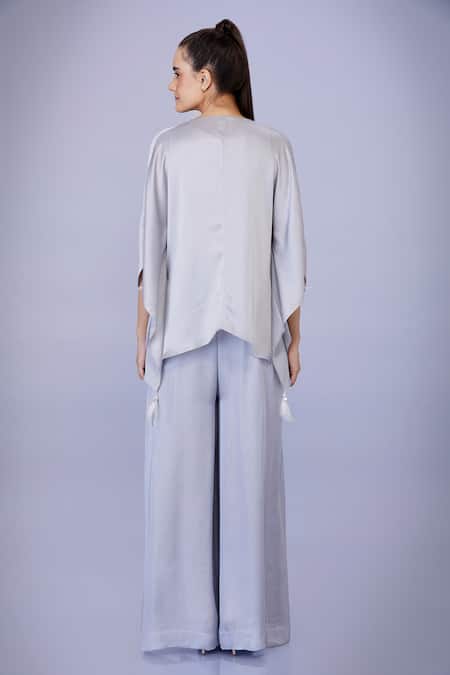 Shop_Dilnaz_Grey Blended Linen Plain V Neck Draped Kaftan With Jumpsuit _at_Aza_Fashions