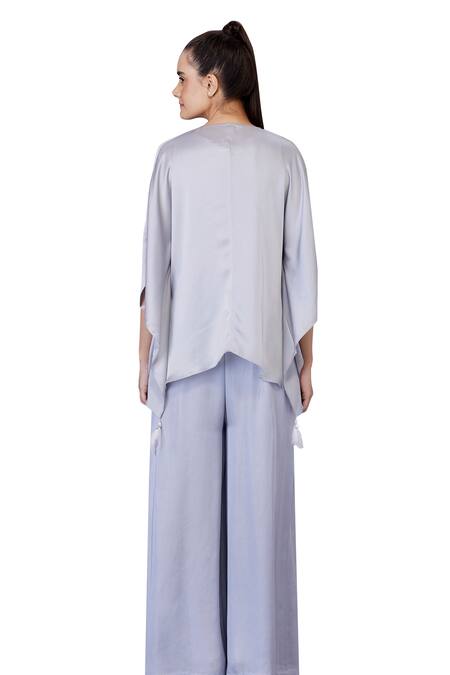 Dilnaz_Grey Blended Linen Plain V Neck Draped Kaftan With Jumpsuit _Online_at_Aza_Fashions