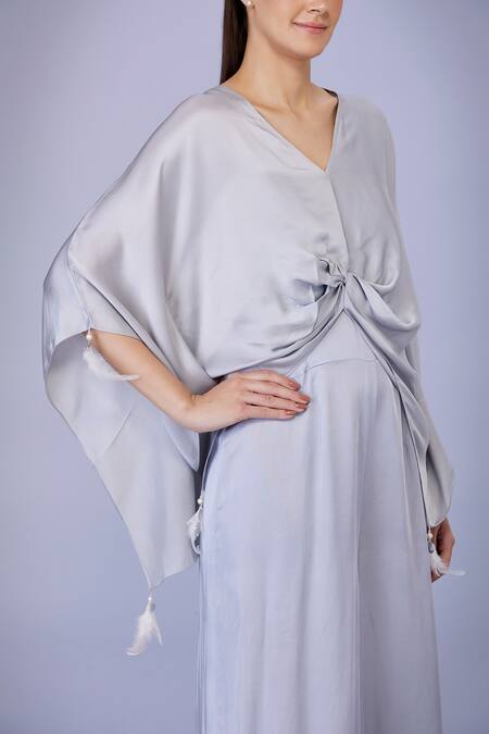 Buy_Dilnaz_Grey Blended Linen Plain V Neck Draped Kaftan With Jumpsuit _Online_at_Aza_Fashions