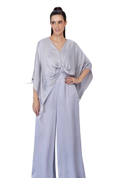 Shop_Dilnaz_Grey Blended Linen Plain V Neck Draped Kaftan With Jumpsuit _Online_at_Aza_Fashions