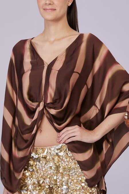 Dilnaz_Brown Blended Satin Tie Dye Stripe V Neck Pattern Kaftan_Online_at_Aza_Fashions