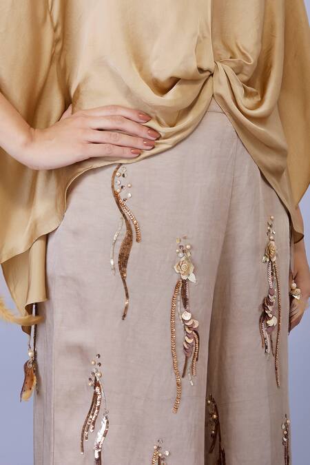 Dilnaz Grey Blended Satin Linen Embroidery Sequins Squiggles Trouser Online at Aza Fashions Dilnaz_Grey Blended Satin Linen Embroidery Sequins Squiggles Trouser_Online_at_Aza_Fashions