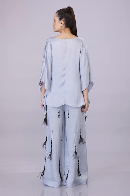 Shop_Dilnaz_Grey Blended Satin Linen Embroidery Sequin Trouser _at_Aza_Fashions