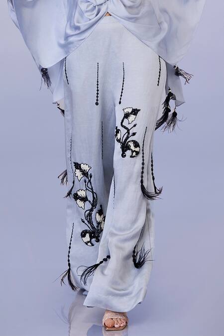 Shop_Dilnaz_Grey Blended Satin Linen Embroidery Sequin Trouser _Online_at_Aza_Fashions