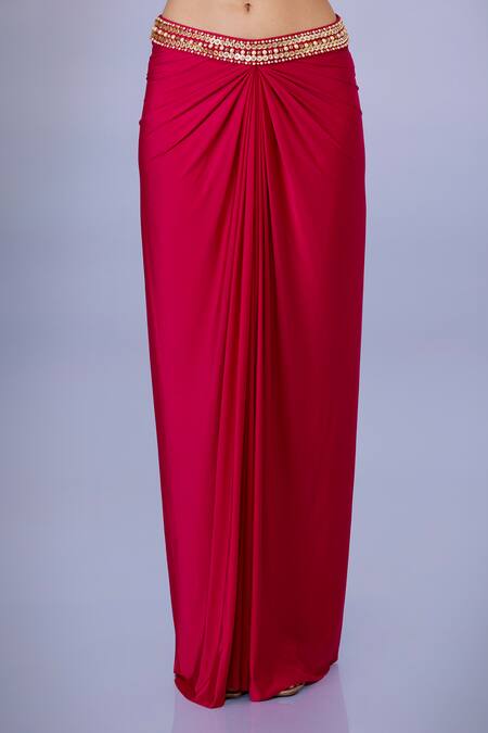 Dilnaz_Pink Lycra Embroidery Sequin Bead Waistband Draped Skirt_Online_at_Aza_Fashions