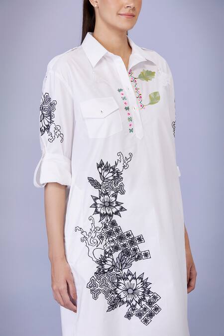 Dilnaz_White Cotton Embroidery Collared Pathani Tunic And Trouser Set_Online_at_Aza_Fashions