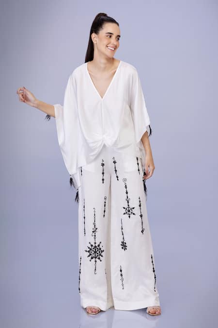 DILNAZ Ivory Blended Satin Embellished Feather V Neck Bead Border Draped Kaftan 