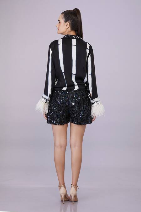 Shop Dilnaz Black Stretch Power Net Embroidery Sequin Disco Shorts at Aza Fashions Shop_Dilnaz_Black Stretch Power Net Embroidery Sequin Disco Shorts_at_Aza_Fashions