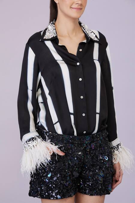 Dilnaz Black Stretch Power Net Embroidery Sequin Disco Shorts Online at Aza Fashions Dilnaz_Black Stretch Power Net Embroidery Sequin Disco Shorts_Online_at_Aza_Fashions