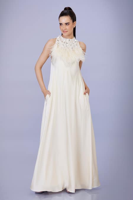 DILNAZ Diamond Neckline Embroidered Gown 