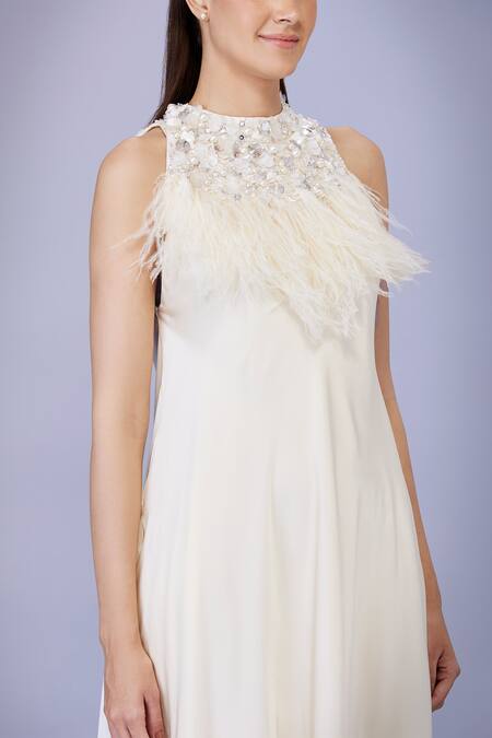 Dilnaz_Cream Pure Chamoise Embroidery Feather Round Diamond Neckline Gown_Online_at_Aza_Fashions