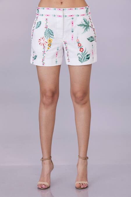 Shop_Dilnaz_White Blended Linen Embroidery Resham Shorts_Online_at_Aza_Fashions