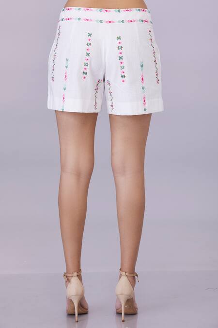 Dilnaz_White Blended Linen Embroidery Resham Shorts_at_Aza_Fashions