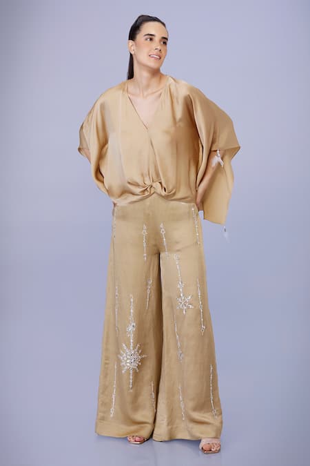 DILNAZ Gold Blended Satin Linen Embroidery Diamond Snowflake Trouser 