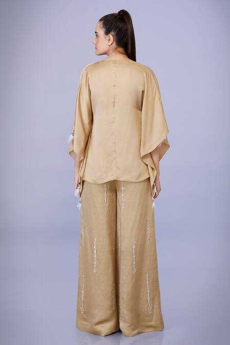 Shop_Dilnaz_Gold Blended Satin Linen Embroidery Diamond Snowflake Trouser_at_Aza_Fashions