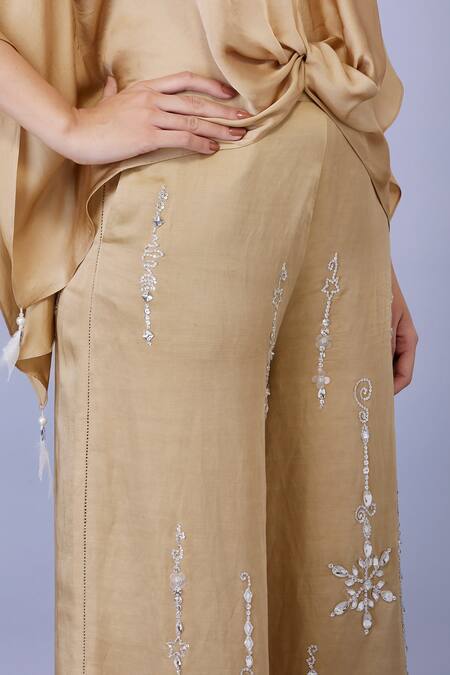 Dilnaz_Gold Blended Satin Linen Embroidery Diamond Snowflake Trouser_Online_at_Aza_Fashions