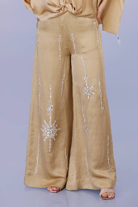 Buy_Dilnaz_Gold Blended Satin Linen Embroidery Diamond Snowflake Trouser_Online_at_Aza_Fashions