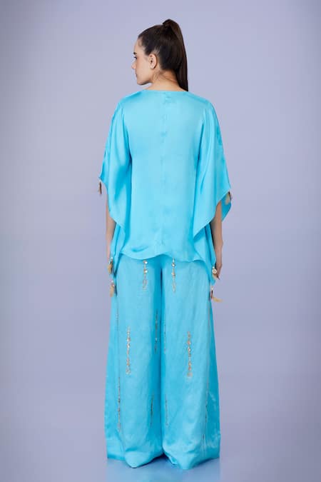 Shop_Dilnaz_Blue Blended Satin Linen Embroidery Sequin Stripe Trouser _at_Aza_Fashions
