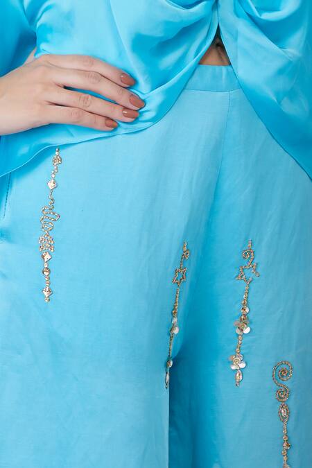 Buy_Dilnaz_Blue Blended Satin Linen Embroidery Sequin Stripe Trouser _Online_at_Aza_Fashions