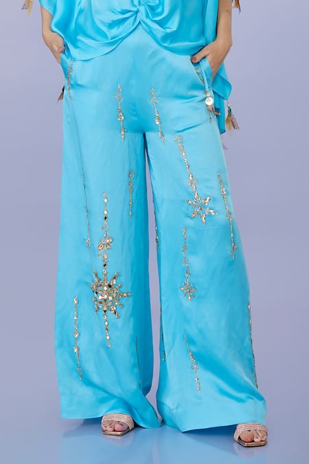 Dilnaz_Blue Blended Satin Linen Embroidery Sequin Stripe Trouser _at_Aza_Fashions