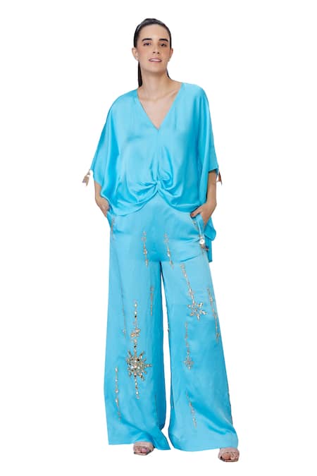 Buy_Dilnaz_Blue Blended Satin Linen Embroidery Sequin Stripe Trouser 