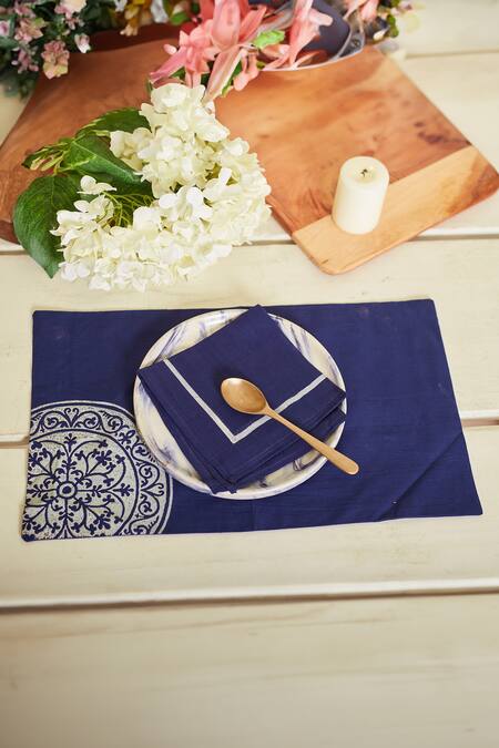 Shop Inheritance India Blue 100% Cotton Block Print Mandala 4 Pcs Table Mats at Aza Fashions Shop_Inheritance India_Blue 100% Cotton Block Print Mandala 4 Pcs Table Mats_at_Aza_Fashions