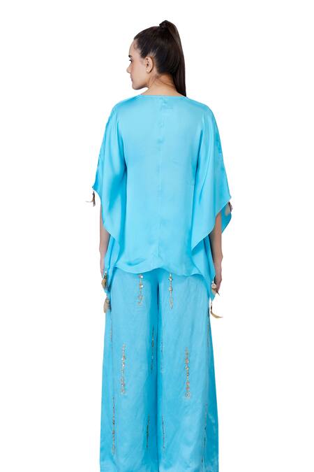 Dilnaz_Blue Blended Satin Embellished Feather V Neck Tassel Border Kaftan_Online_at_Aza_Fashions