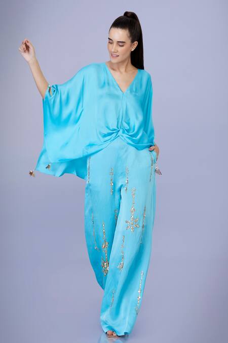 Buy_Dilnaz_Blue Blended Satin Embellished Feather V Neck Tassel Border Kaftan_Online_at_Aza_Fashions
