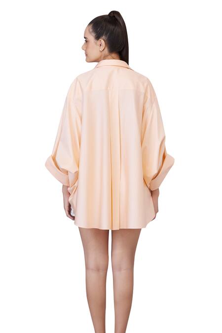 Dilnaz_Peach Blended Cotton Embellished Crystal Collar Shirt_Online_at_Aza_Fashions