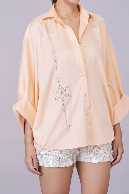 Buy_Dilnaz_Peach Blended Cotton Embellished Crystal Collar Shirt_Online_at_Aza_Fashions