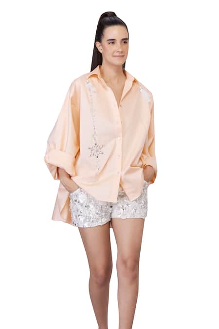 Shop_Dilnaz_Peach Blended Cotton Embellished Crystal Collar Shirt_Online_at_Aza_Fashions