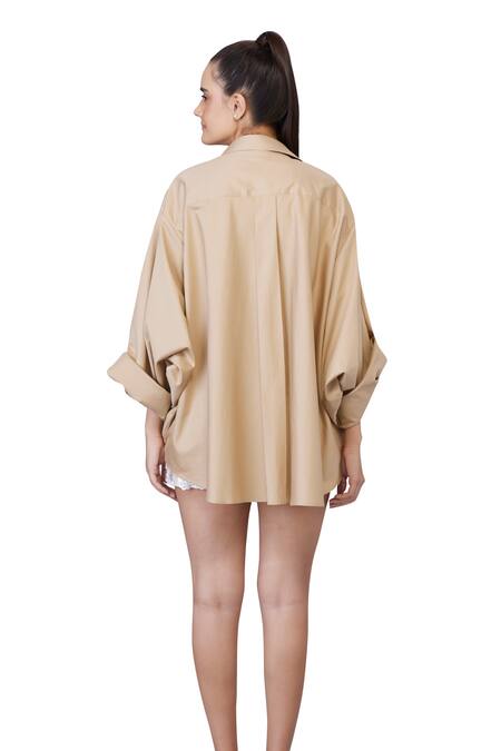 Dilnaz_Beige Blended Cotton Embellished Feather Collar Snowflake Khaki Shirt_Online_at_Aza_Fashions