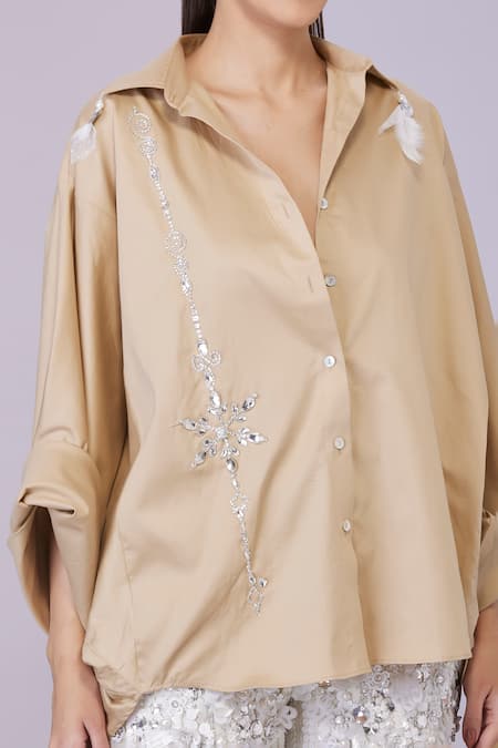 Buy_Dilnaz_Beige Blended Cotton Embellished Feather Collar Snowflake Khaki Shirt_Online_at_Aza_Fashions