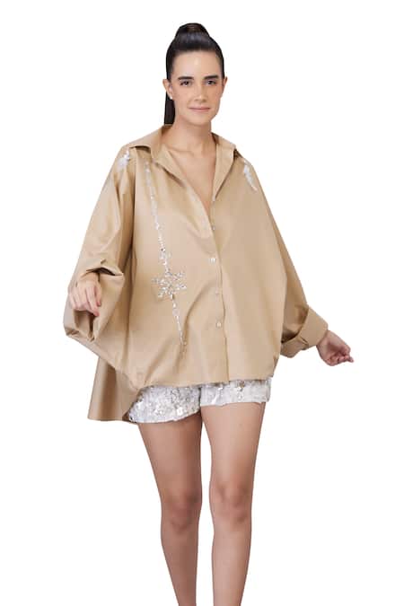 Shop_Dilnaz_Beige Blended Cotton Embellished Feather Collar Snowflake Khaki Shirt_Online_at_Aza_Fashions