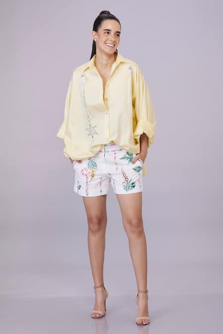 DILNAZ Yellow Blended Cotton Embellished Feather Collar Crystal Placement Shirt 