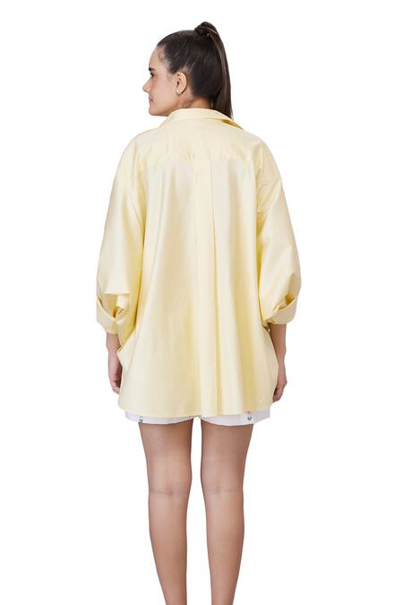 Dilnaz_Yellow Blended Cotton Embellished Feather Collar Crystal Placement Shirt_Online_at_Aza_Fashions