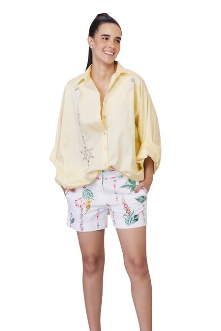 Shop_Dilnaz_Yellow Blended Cotton Embellished Feather Collar Crystal Placement Shirt_Online_at_Aza_Fashions