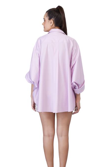 Dilnaz_Purple Blended Cotton Embellished Feather Collar Snowflake Pattern Shirt_Online_at_Aza_Fashions