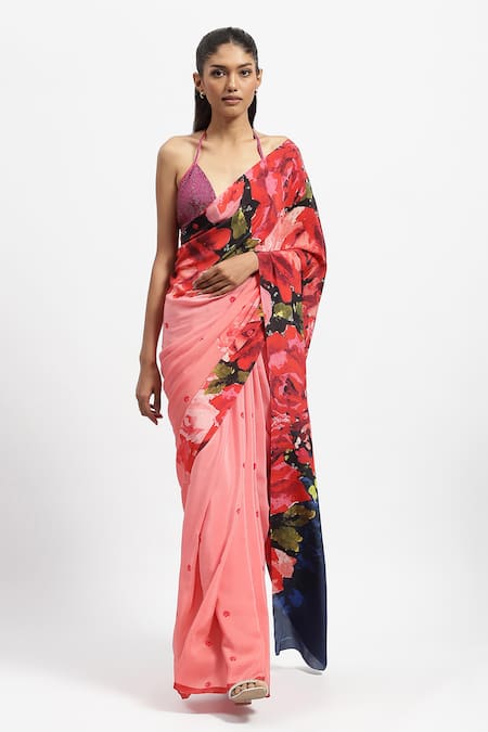 Satya Paul Rouge In Rouge European Rose Print Saree With Running Blouse 