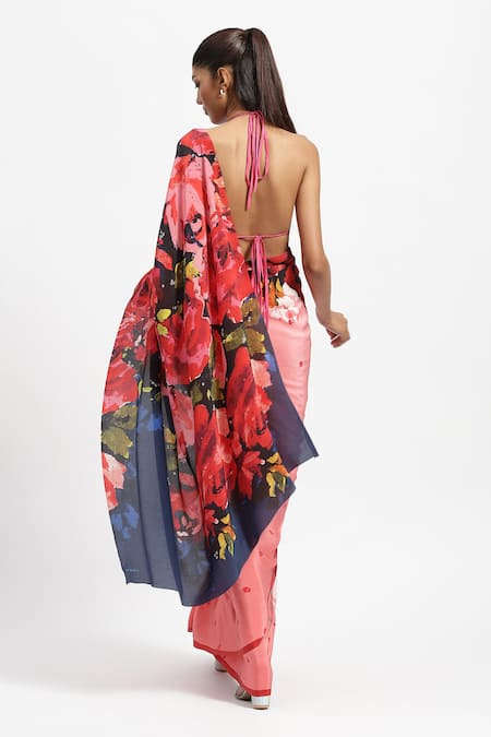 Shop_Satya Paul_Pink Silk, Crepe In European Rose Print Saree With Running Blouse _at_Aza_Fashions