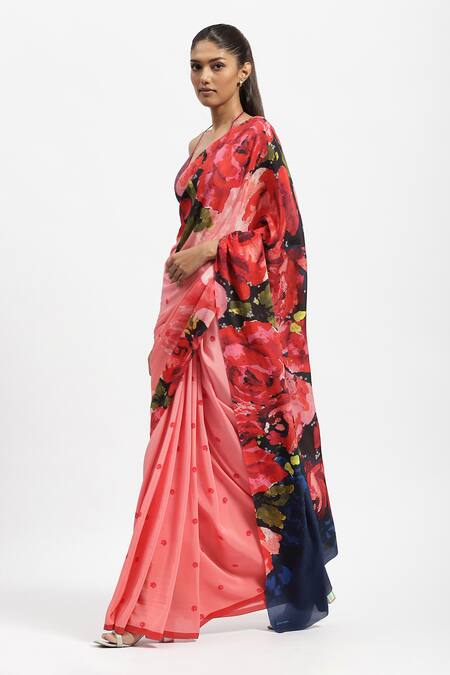 Satya Paul_Pink Silk, Crepe In European Rose Print Saree With Running Blouse _Online_at_Aza_Fashions