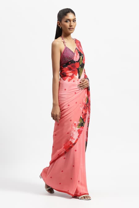 Buy_Satya Paul_Pink Silk, Crepe In European Rose Print Saree With Running Blouse _Online_at_Aza_Fashions