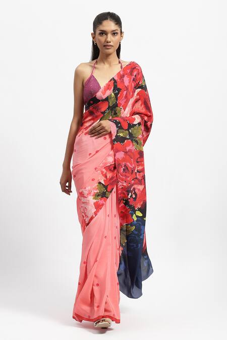 Shop_Satya Paul_Pink Silk, Crepe In European Rose Print Saree With Running Blouse _Online_at_Aza_Fashions