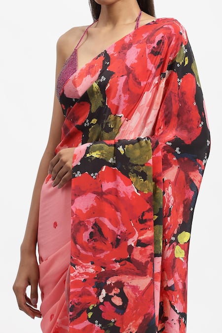 Satya Paul_Pink Silk, Crepe In European Rose Print Saree With Running Blouse _at_Aza_Fashions