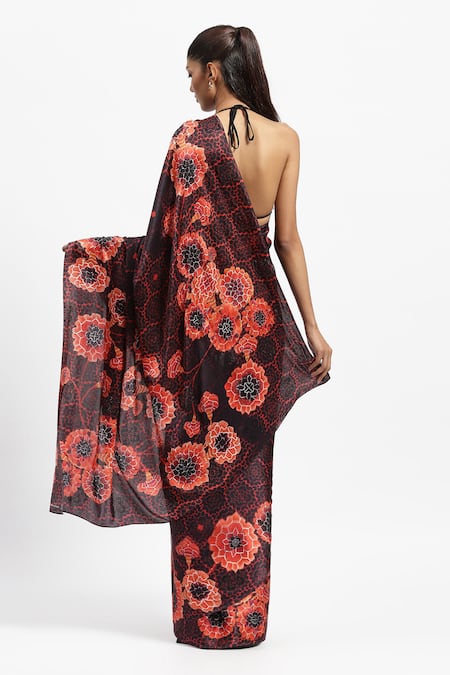 Shop Satya Paul Black Silk Satin Embroidery Chandigarh Marigold Print Saree With Running Blouse at Aza Fashions Shop_Satya Paul_Black Silk Satin Embroidery Chandigarh Marigold Print Saree With Running Blouse _at_Aza_Fashions