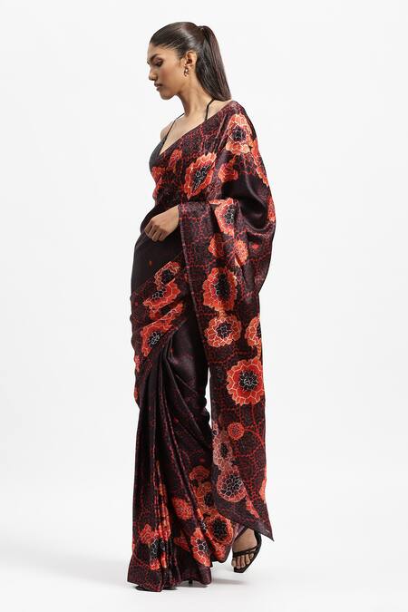 Satya Paul Black Silk Satin Embroidery Chandigarh Marigold Print Saree With Running Blouse Online at Aza Fashions Satya Paul_Black Silk Satin Embroidery Chandigarh Marigold Print Saree With Running Blouse _Online_at_Aza_Fashions